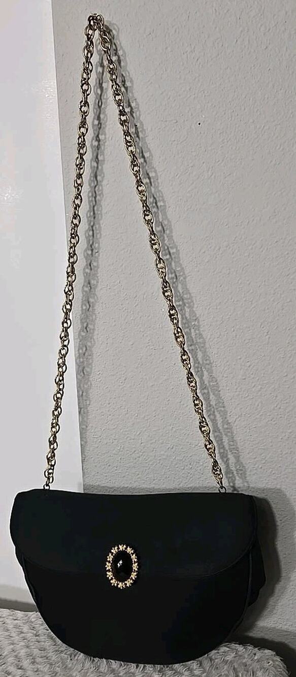 Vintage Saks Fifth Avenue Black Evening Bag Gold Chain Strap Rhinestone Clasp
